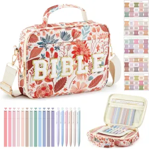 10.2 x 7.9 x 2.2 Inch Chenille Letter Bible Cover for Women with Boho Bible Tabs 6 Colored Gel Pen 12 Highlighters Bible Case with Shoulder Strap for Study Bible Tote Bag Christian Gifts
