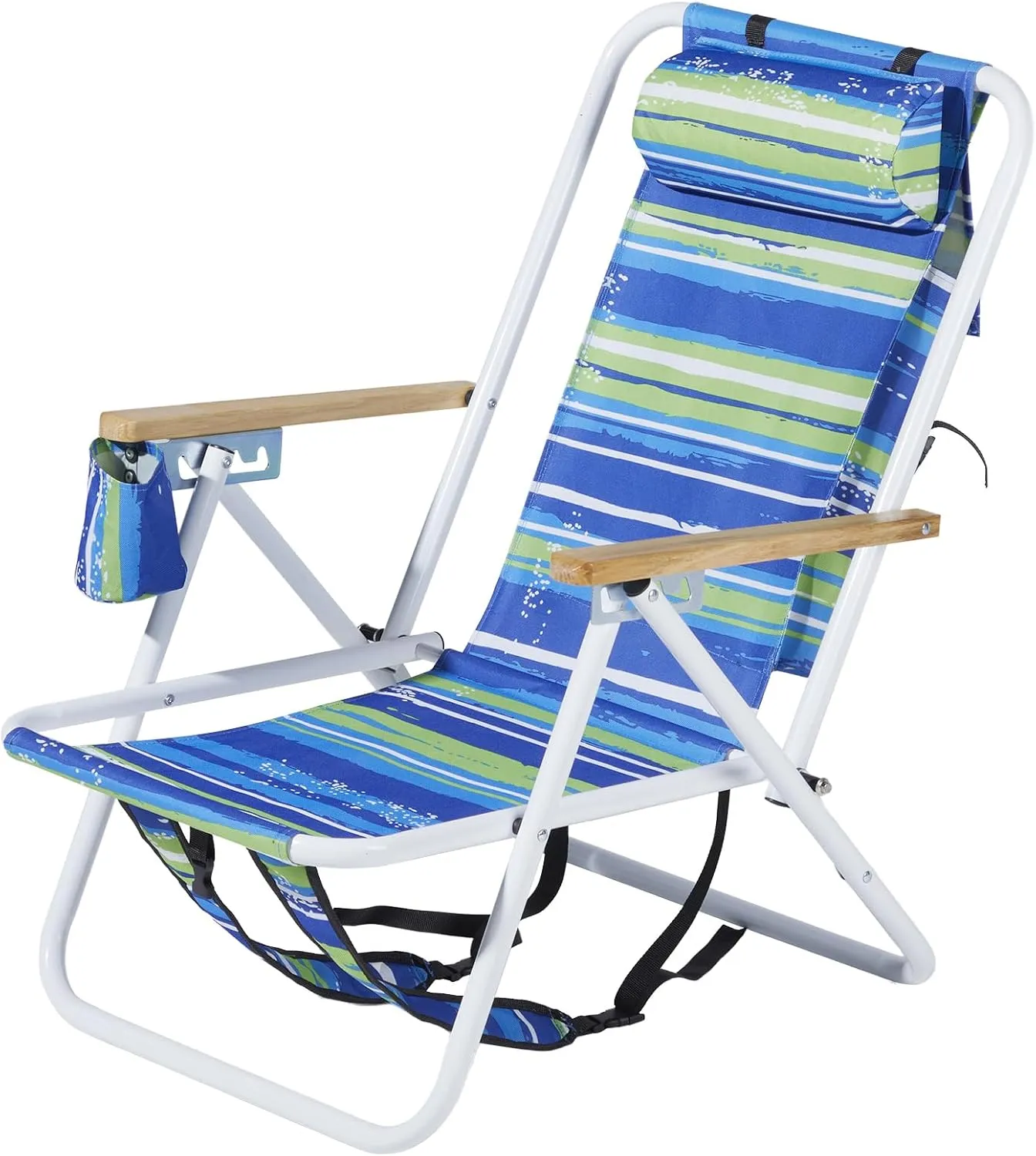 1Pc Folding Beach Chair, 4 Position Portable Backpack Foldable Camping Chair with Headrest Cup Holder and Wooden Armrests,Tall Patio Chair Lawn Chairs for Beach, Camp, Outdoor,Blue & Green Stripes