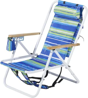 1Pc Folding Beach Chair, 4 Position Portable Backpack Foldable Camping Chair with Headrest Cup Holder and Wooden Armrests,Tall Patio Chair Lawn Chairs for Beach, Camp, Outdoor,Blue & Green Stripes