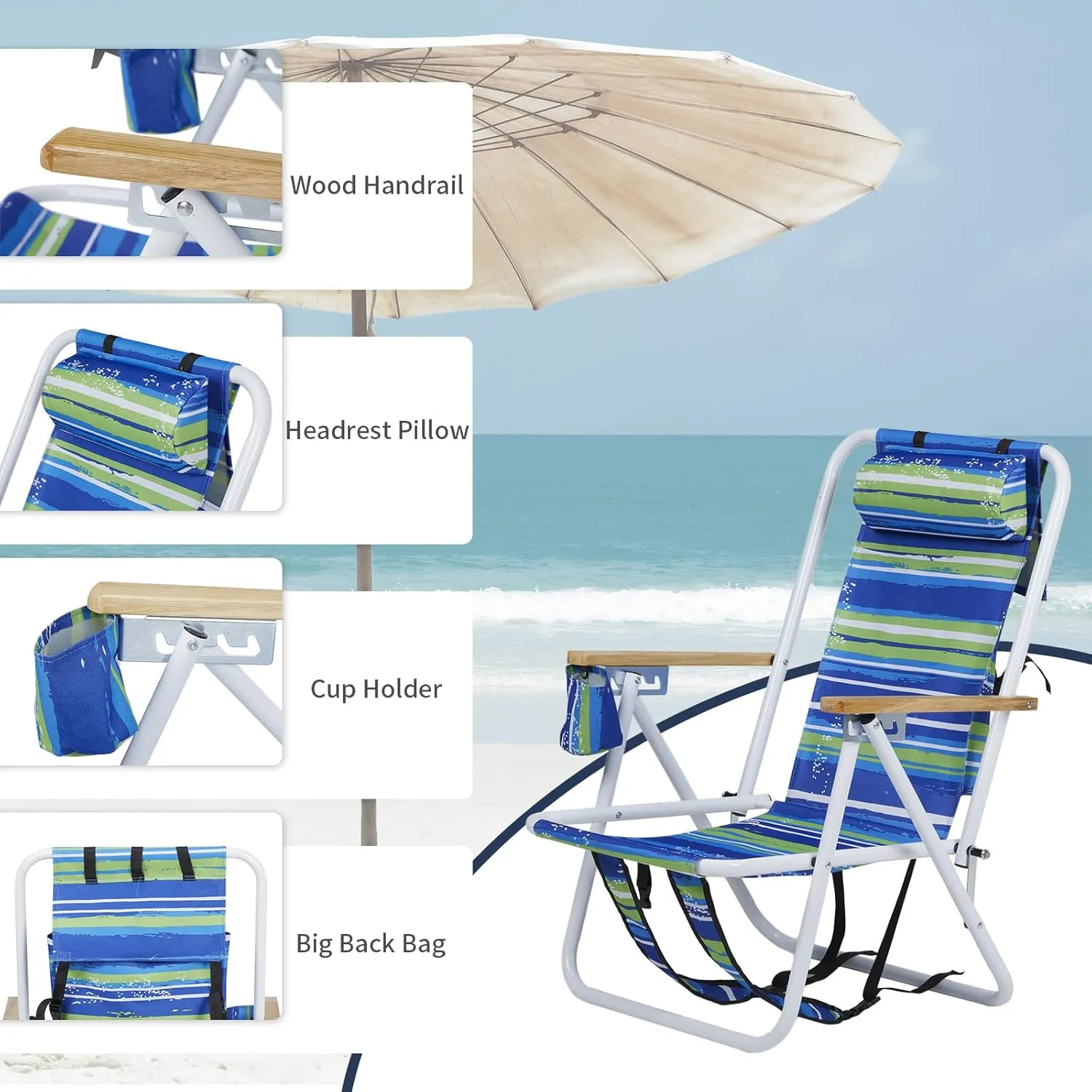1Pc Folding Beach Chair, 4 Position Portable Backpack Foldable Camping Chair with Headrest Cup Holder and Wooden Armrests,Tall Patio Chair Lawn Chairs for Beach, Camp, Outdoor,Blue & Green Stripes