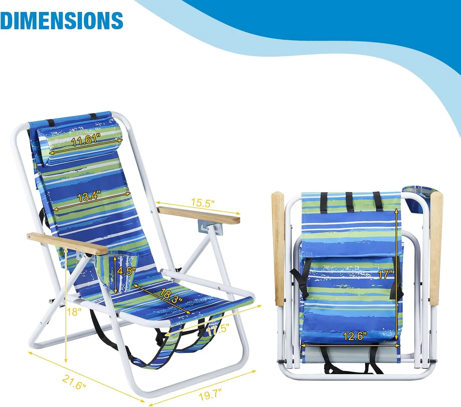 1Pc Folding Beach Chair, 4 Position Portable Backpack Foldable Camping Chair with Headrest Cup Holder and Wooden Armrests,Tall Patio Chair Lawn Chairs for Beach, Camp, Outdoor,Blue & Green Stripes