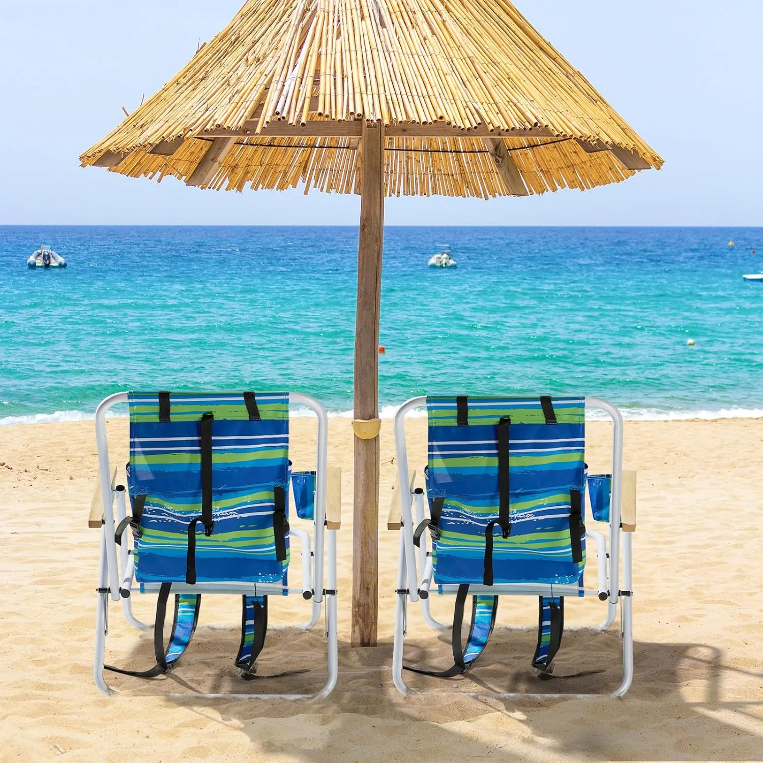 1Pc Folding Beach Chair, 4 Position Portable Backpack Foldable Camping Chair with Headrest Cup Holder and Wooden Armrests,Tall Patio Chair Lawn Chairs for Beach, Camp, Outdoor,Blue & Green Stripes
