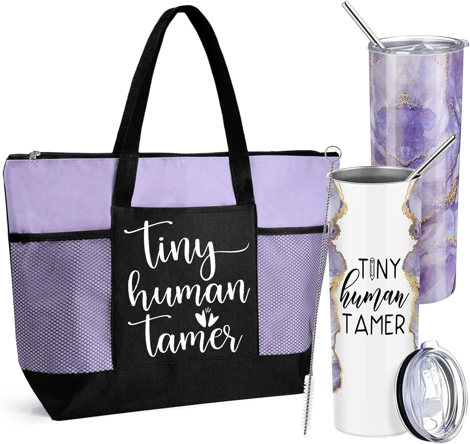 2 Pcs Mothers Day Gifts for Mom Women Tote Bag 20 oz Tumbler with Lid and Straw Tiny Human Tamer Teacher Appreciation Gifts for Thank You Daycare Preschool Babysitter(Purple)