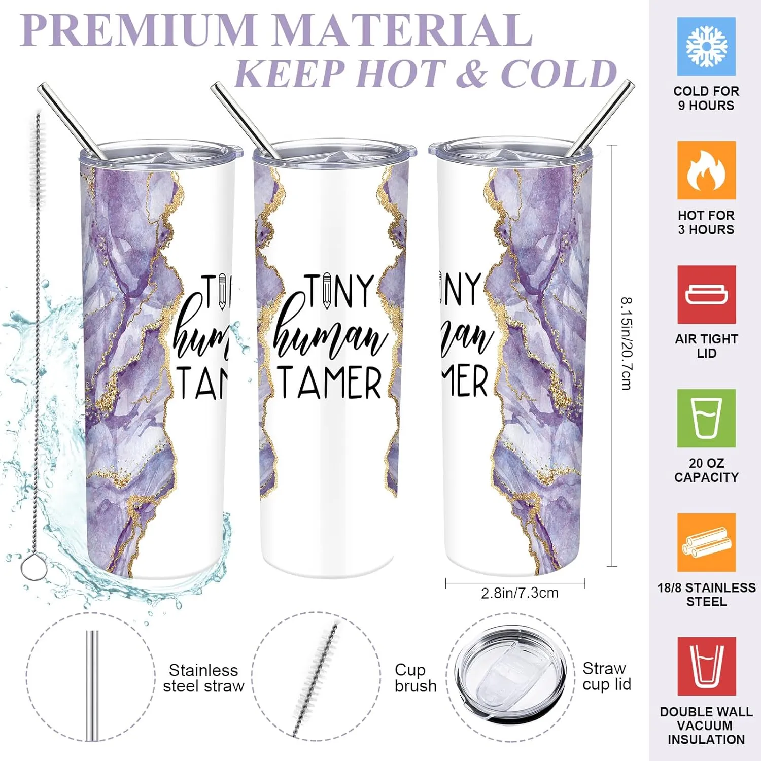 2 Pcs Mothers Day Gifts for Mom Women Tote Bag 20 oz Tumbler with Lid and Straw Tiny Human Tamer Teacher Appreciation Gifts for Thank You Daycare Preschool Babysitter(Purple)