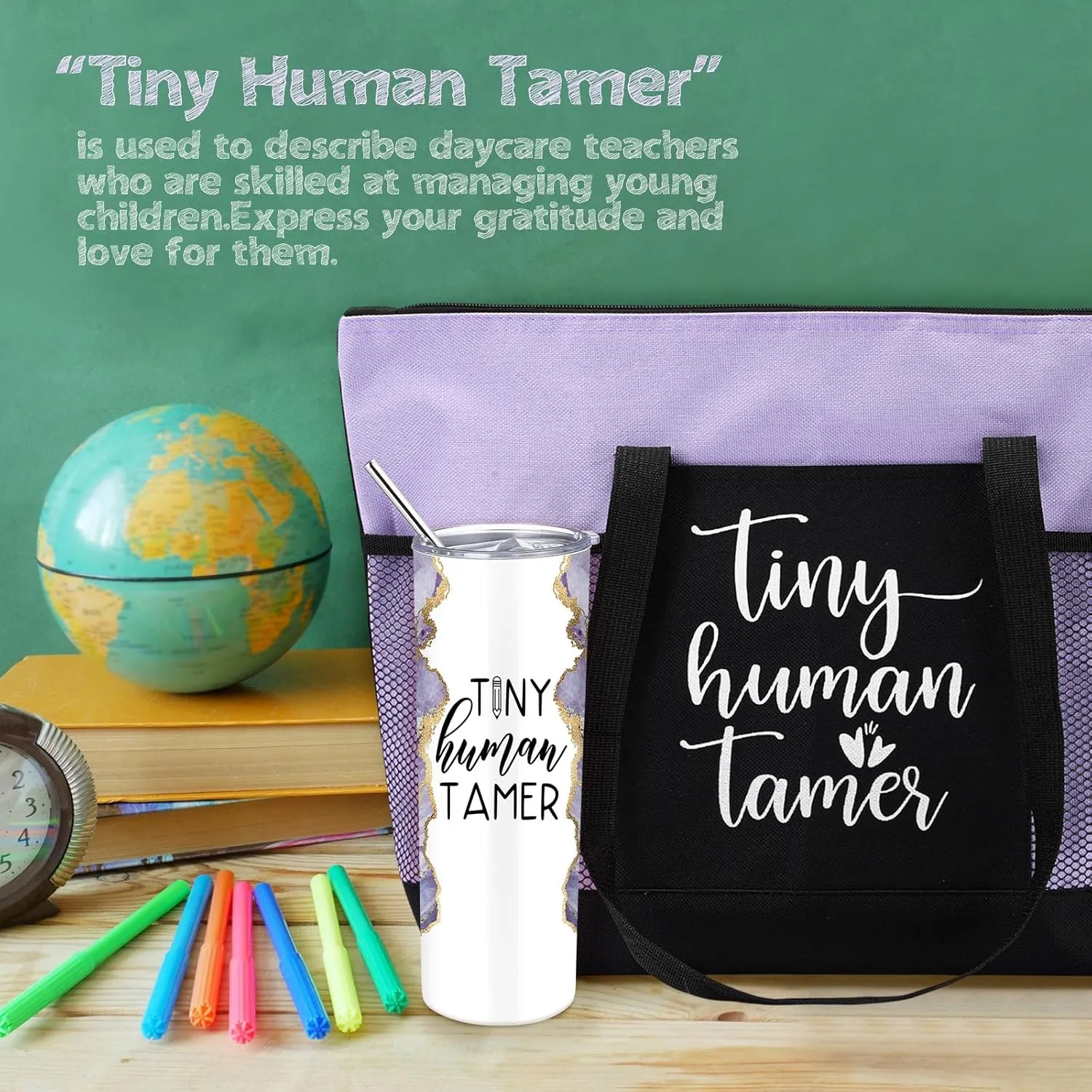 2 Pcs Mothers Day Gifts for Mom Women Tote Bag 20 oz Tumbler with Lid and Straw Tiny Human Tamer Teacher Appreciation Gifts for Thank You Daycare Preschool Babysitter(Purple)