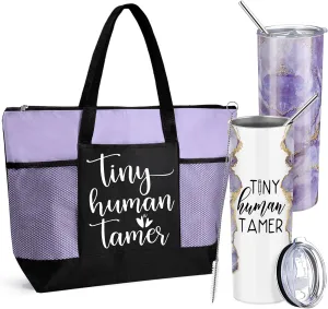 2 Pcs Mothers Day Gifts for Mom Women Tote Bag 20 oz Tumbler with Lid and Straw Tiny Human Tamer Teacher Appreciation Gifts for Thank You Daycare Preschool Babysitter(Purple)