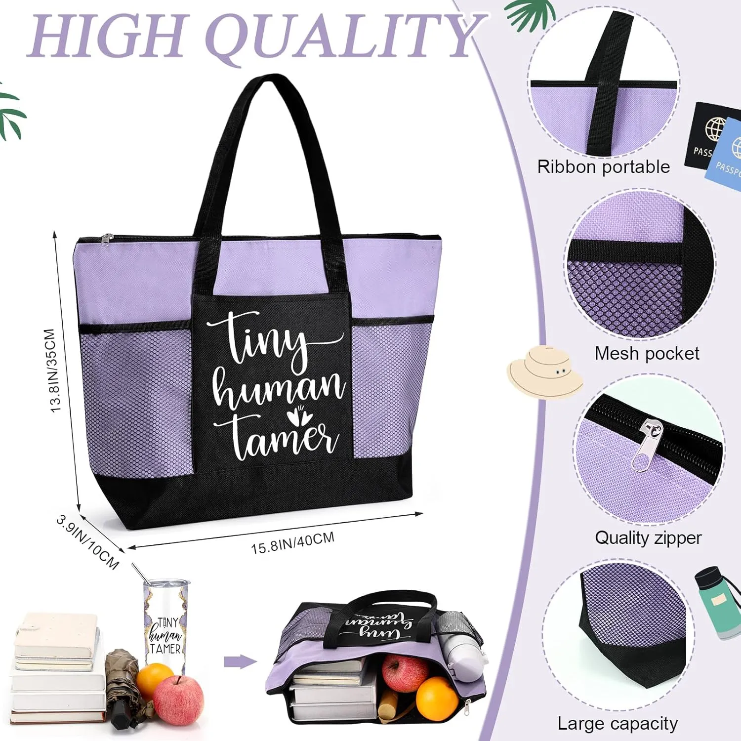 2 Pcs Mothers Day Gifts for Mom Women Tote Bag 20 oz Tumbler with Lid and Straw Tiny Human Tamer Teacher Appreciation Gifts for Thank You Daycare Preschool Babysitter(Purple)