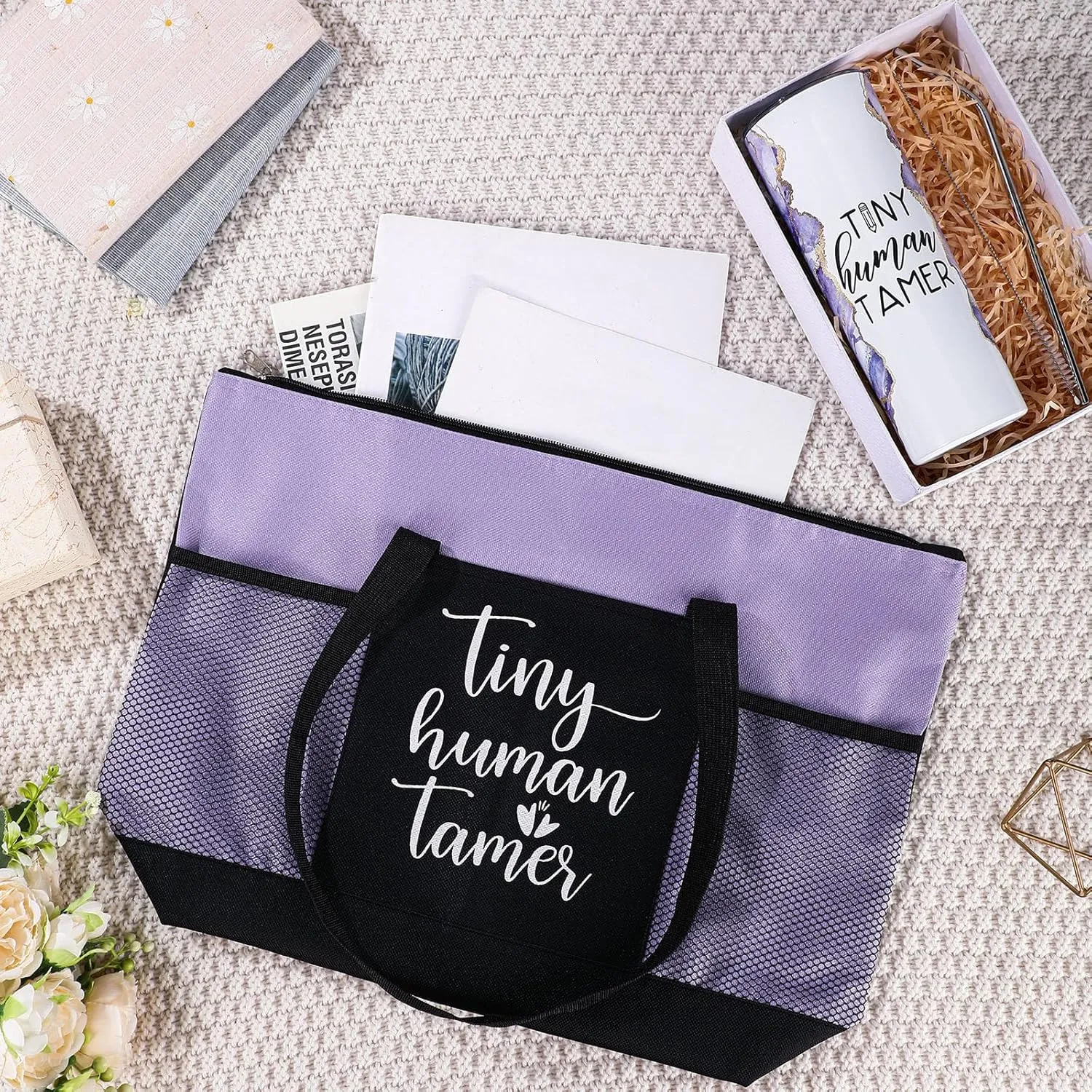 2 Pcs Mothers Day Gifts for Mom Women Tote Bag 20 oz Tumbler with Lid and Straw Tiny Human Tamer Teacher Appreciation Gifts for Thank You Daycare Preschool Babysitter(Purple)