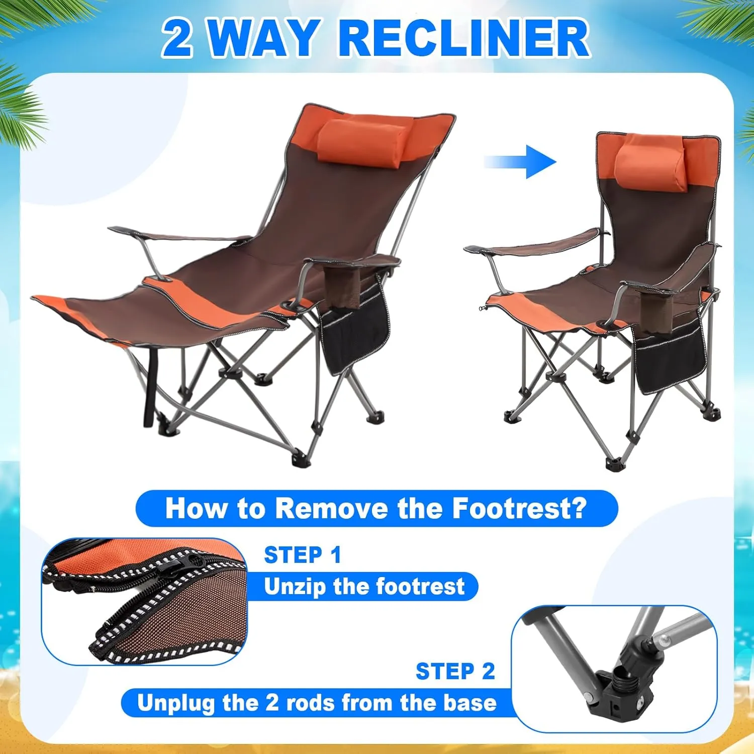 2 Set Reclining Camping Chair with Umbrella Clamp, Adjustable Beach Chair with Foot Rest, SPF 50 , Folding Shade Camping Lounger Recliner for Adult Outdoor(Orange,Green,Oxford)