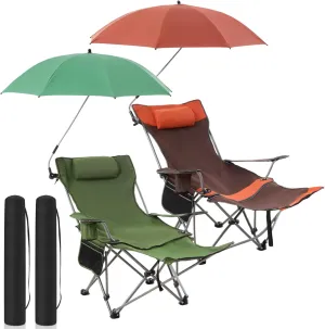 2 Set Reclining Camping Chair with Umbrella Clamp, Adjustable Beach Chair with Foot Rest, SPF 50 , Folding Shade Camping Lounger Recliner for Adult Outdoor(Orange,Green,Oxford)