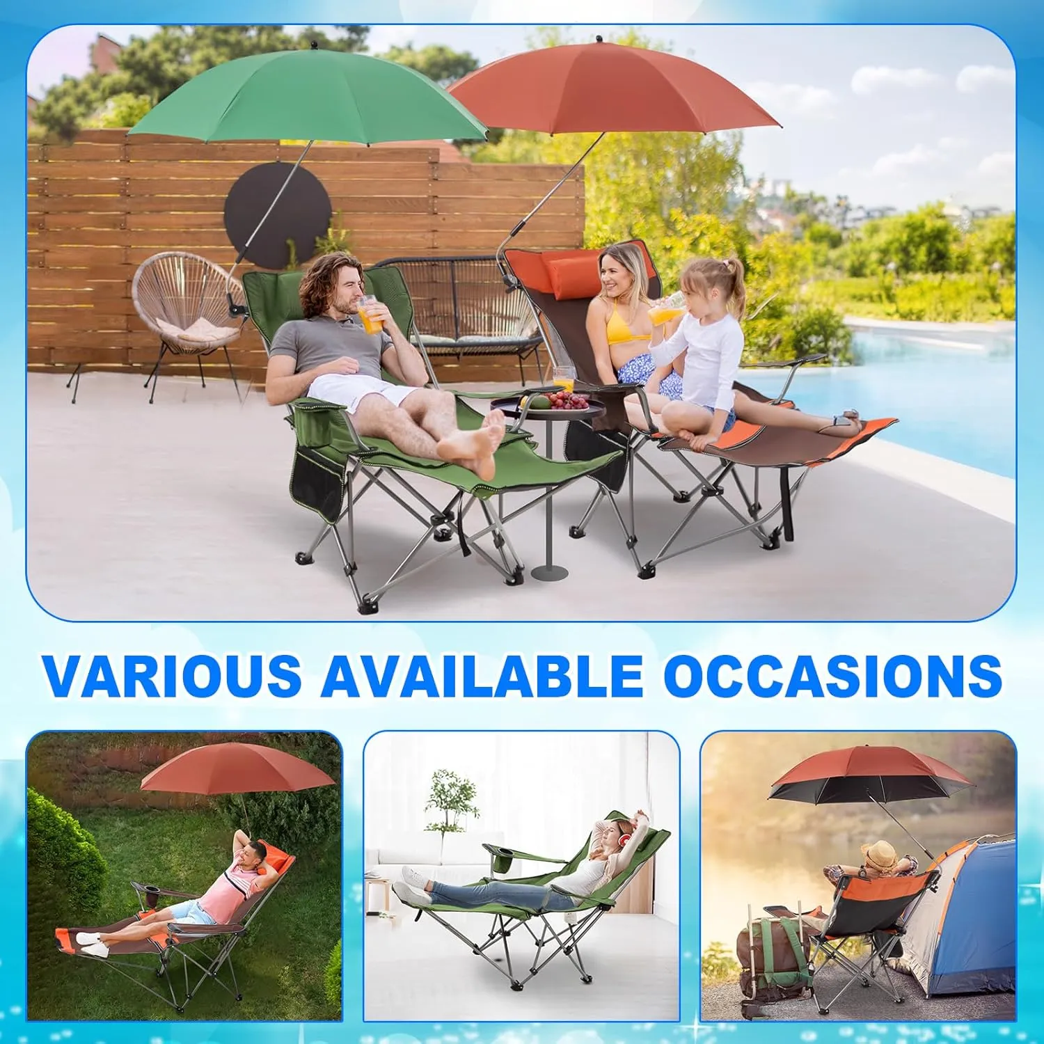 2 Set Reclining Camping Chair with Umbrella Clamp, Adjustable Beach Chair with Foot Rest, SPF 50 , Folding Shade Camping Lounger Recliner for Adult Outdoor(Orange,Green,Oxford)