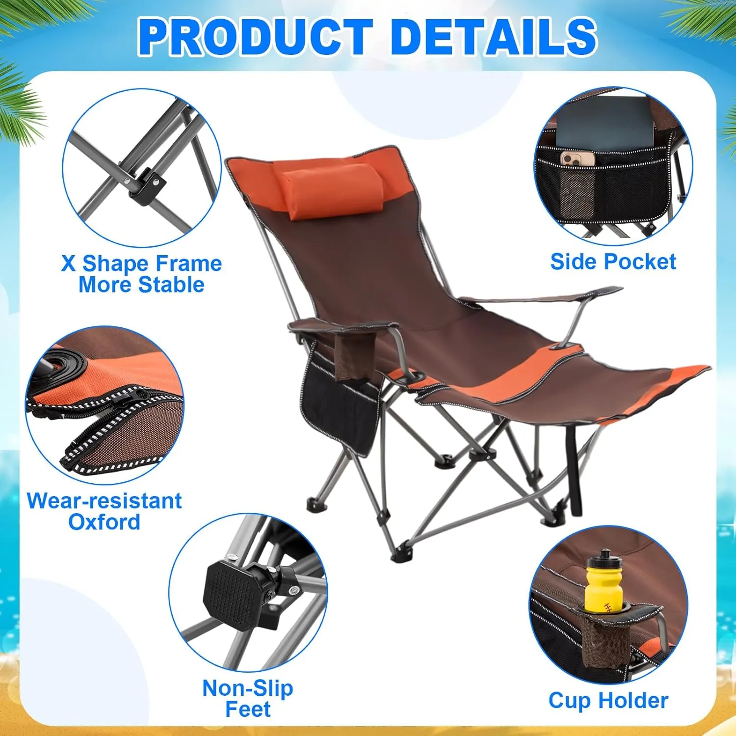 2 Set Reclining Camping Chair with Umbrella Clamp, Adjustable Beach Chair with Foot Rest, SPF 50 , Folding Shade Camping Lounger Recliner for Adult Outdoor(Orange,Green,Oxford)