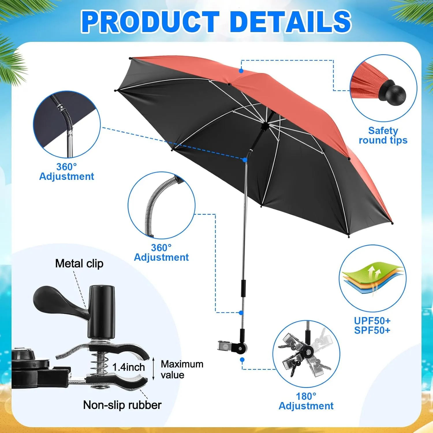2 Set Reclining Camping Chair with Umbrella Clamp, Adjustable Beach Chair with Foot Rest, SPF 50 , Folding Shade Camping Lounger Recliner for Adult Outdoor(Orange,Green,Oxford)