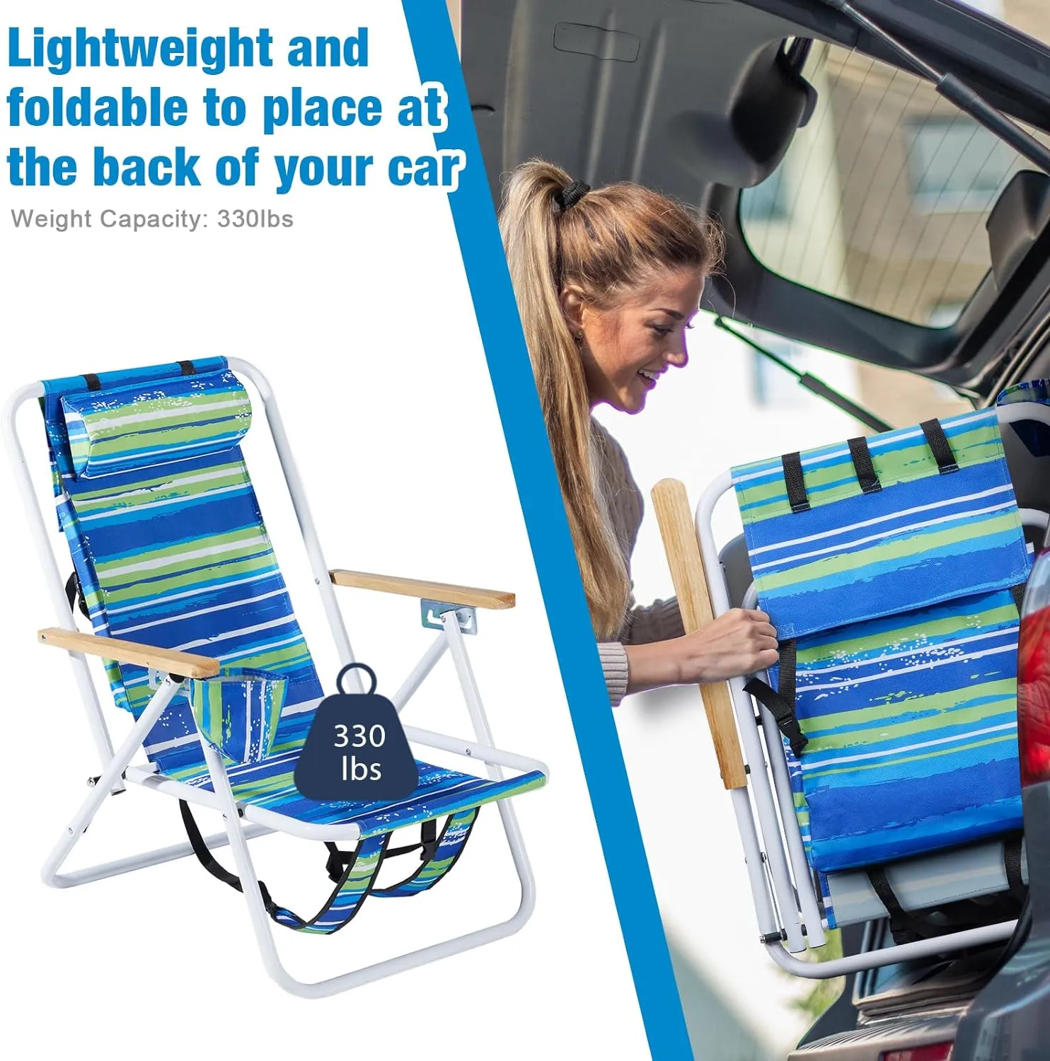 4-Position Folding Backpack Beach Chair with Headrest & Cup Holder - Portable Camping Chair with Wooden Armrests, 330LB Capacity & Adjustable Recline - Lightweight & Compact, Blue Stripes