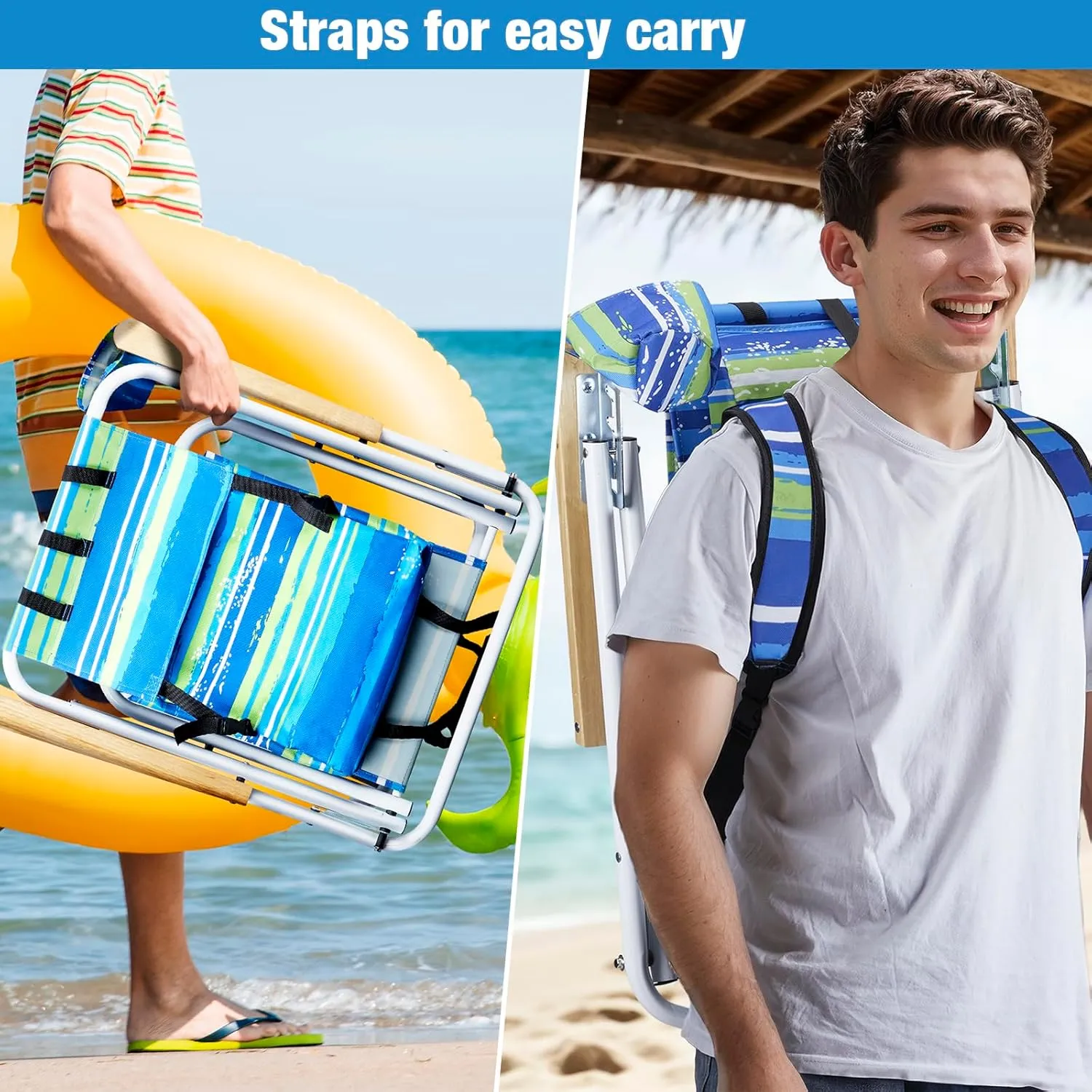 4-Position Folding Backpack Beach Chair with Headrest & Cup Holder - Portable Camping Chair with Wooden Armrests, 330LB Capacity & Adjustable Recline - Lightweight & Compact, Blue Stripes