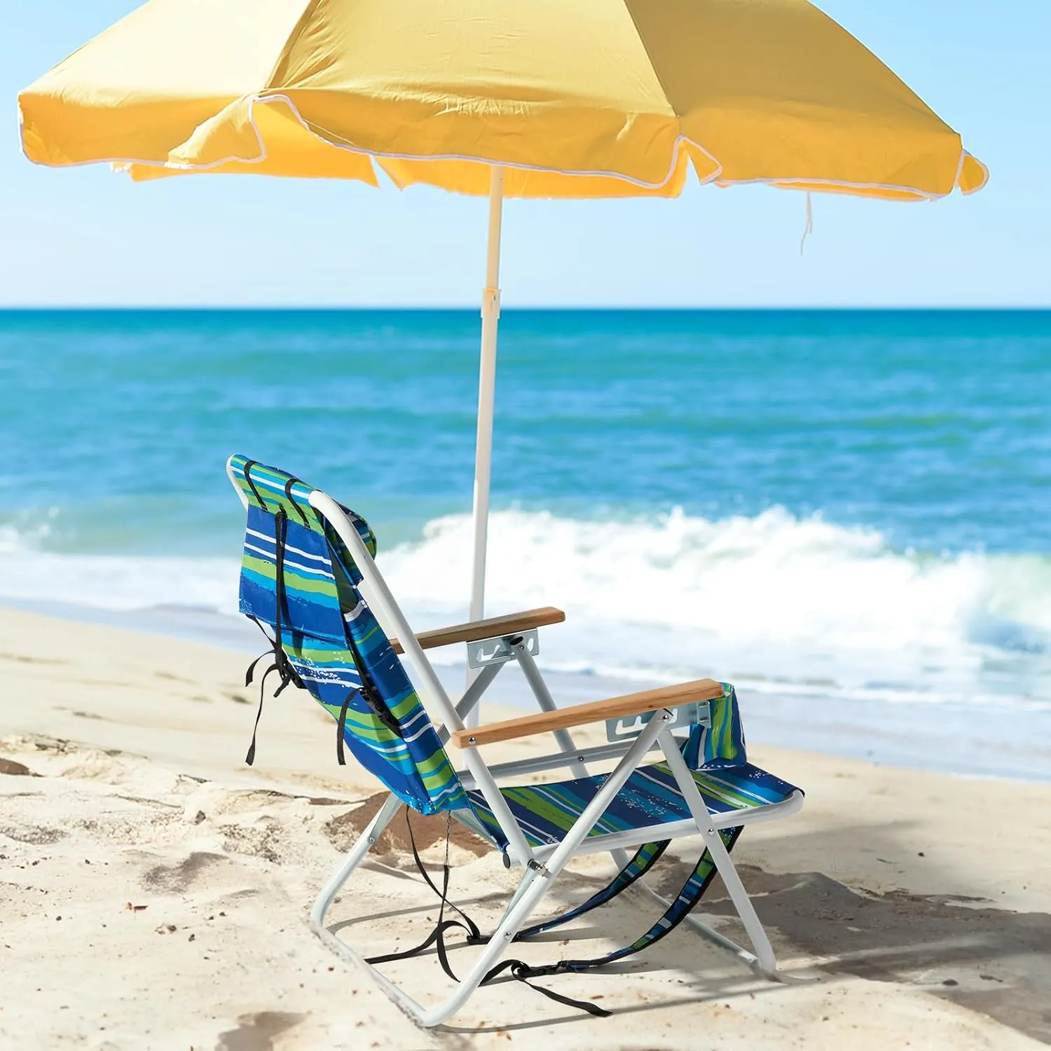 4-Position Folding Backpack Beach Chair with Headrest & Cup Holder - Portable Camping Chair with Wooden Armrests, 330LB Capacity & Adjustable Recline - Lightweight & Compact, Blue Stripes