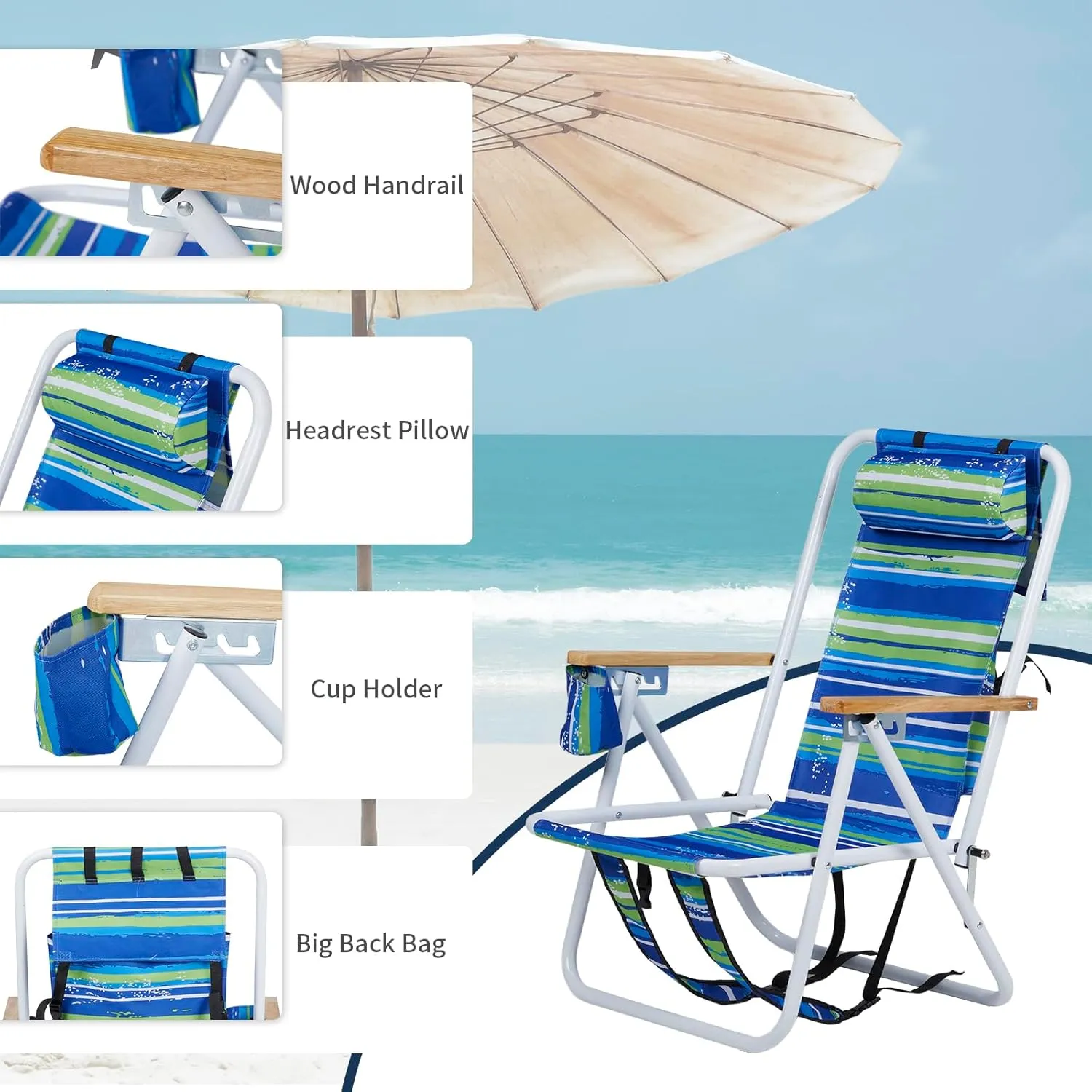 4-Position Folding Backpack Beach Chair with Headrest & Cup Holder - Portable Camping Chair with Wooden Armrests, 330LB Capacity & Adjustable Recline - Lightweight & Compact, Blue Stripes