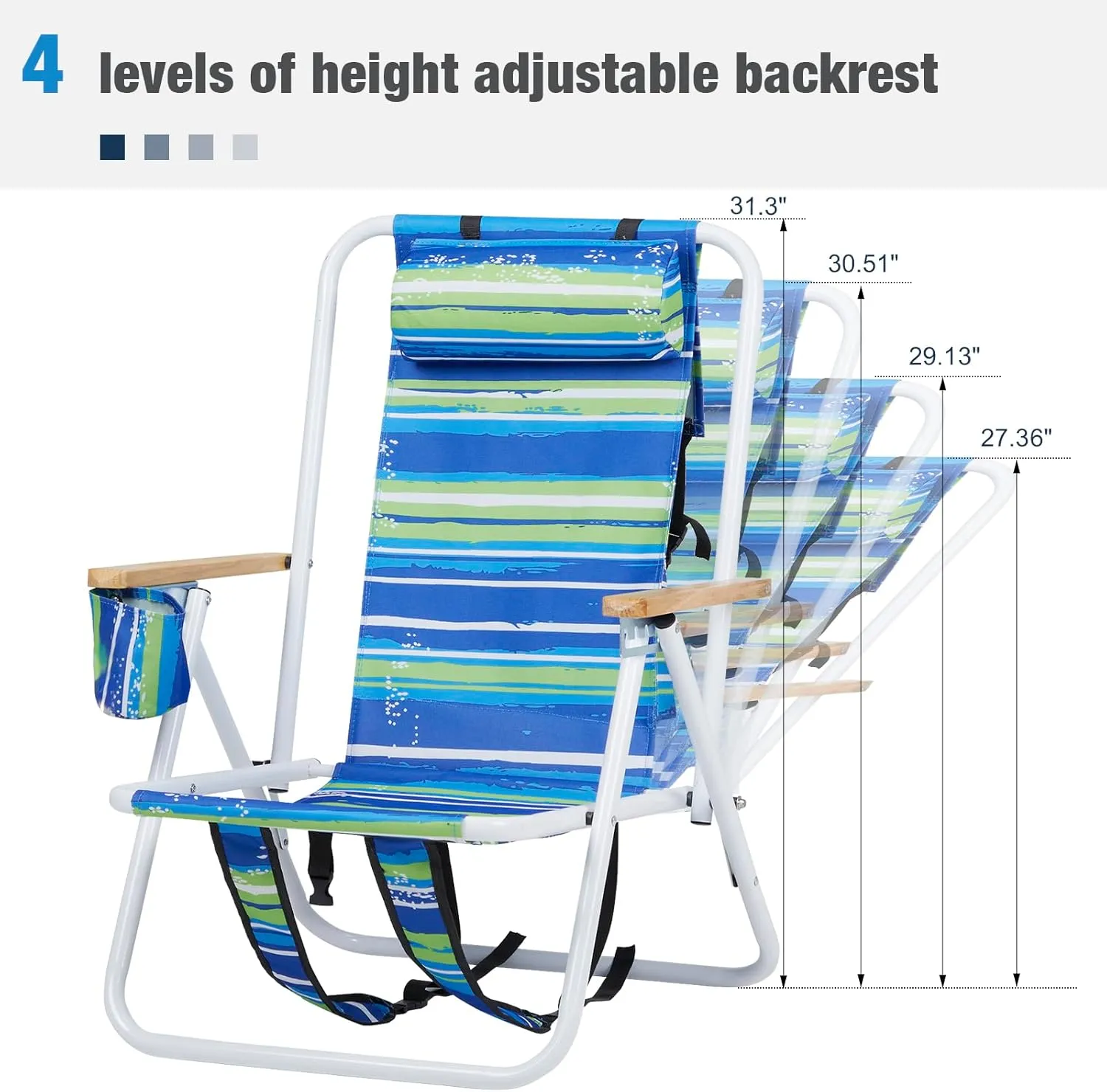 4-Position Folding Backpack Beach Chair with Headrest & Cup Holder - Portable Camping Chair with Wooden Armrests, 330LB Capacity & Adjustable Recline - Lightweight & Compact, Blue Stripes