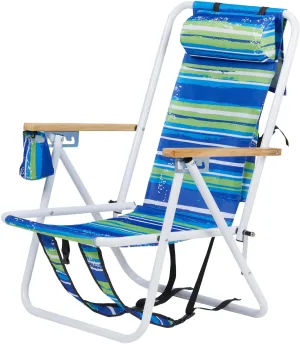 4-Position Folding Backpack Beach Chair with Headrest & Cup Holder - Portable Camping Chair with Wooden Armrests, 330LB Capacity & Adjustable Recline - Lightweight & Compact, Blue Stripes