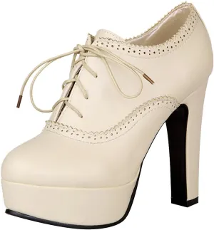ANUFER Women Vintage High Platform Block Heel Court Shoes Elegant Brogue Oxfords Lace-Ups