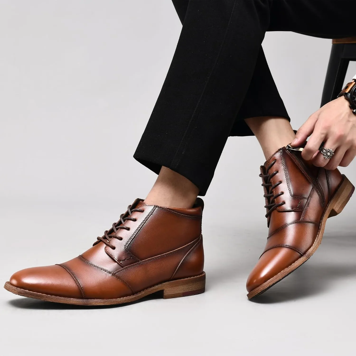 Arkbird Mens Oxford Leather Dress Boots Classic Cap Toe Side Zip Mid Top Casual Ankle Boots for Men