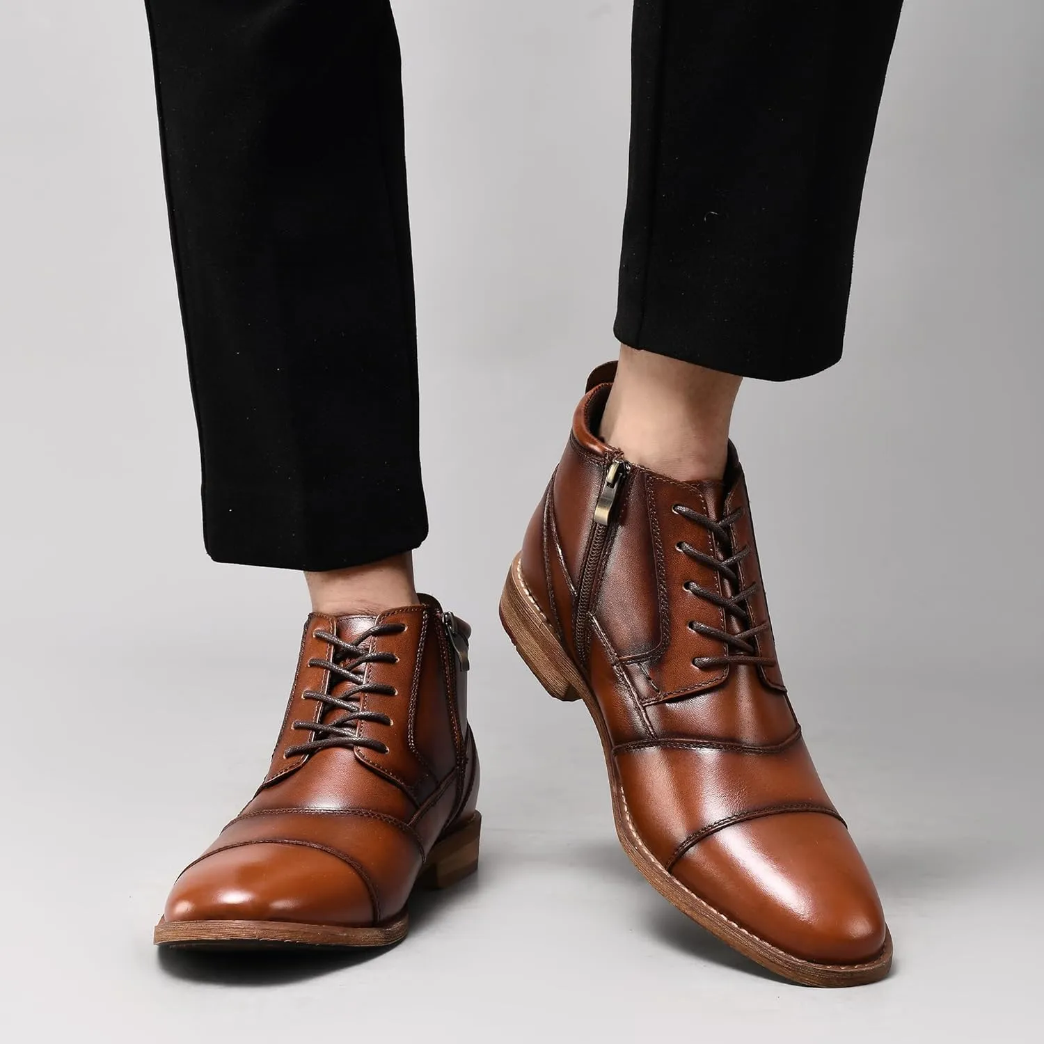 Arkbird Mens Oxford Leather Dress Boots Classic Cap Toe Side Zip Mid Top Casual Ankle Boots for Men