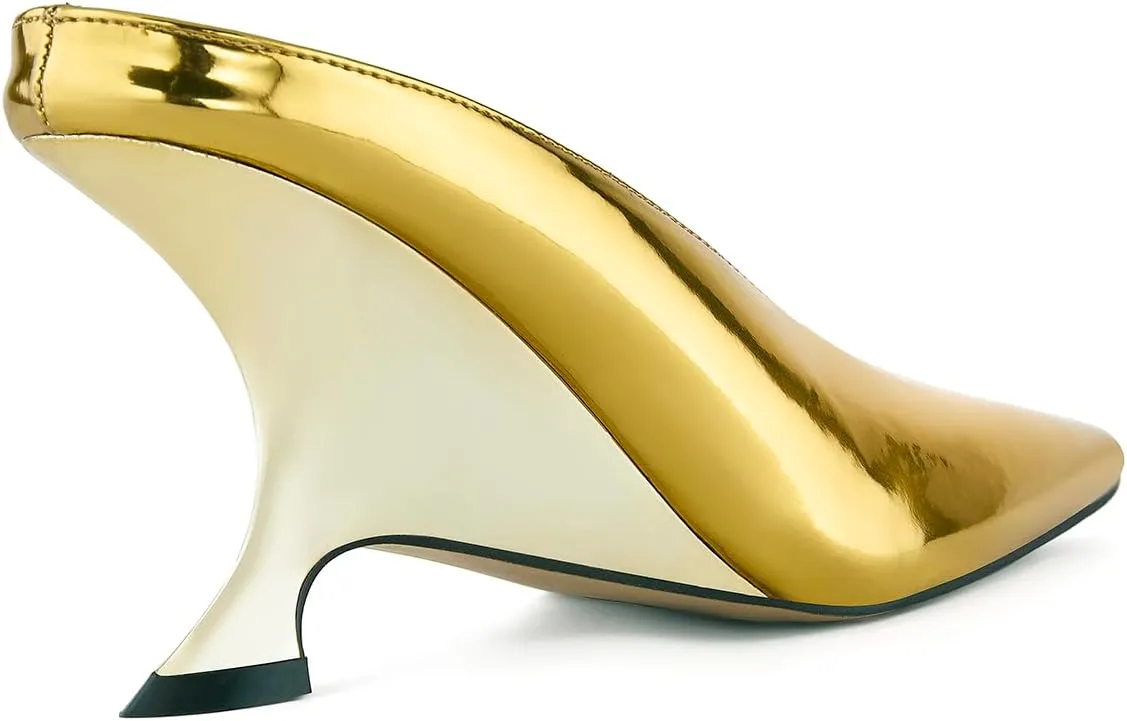 Arqa Metallic Leather Heeled Mules for Women Pointed Toe Wedge Heel Slide Sandals Slip-on Mule Heels Dressy Pumps