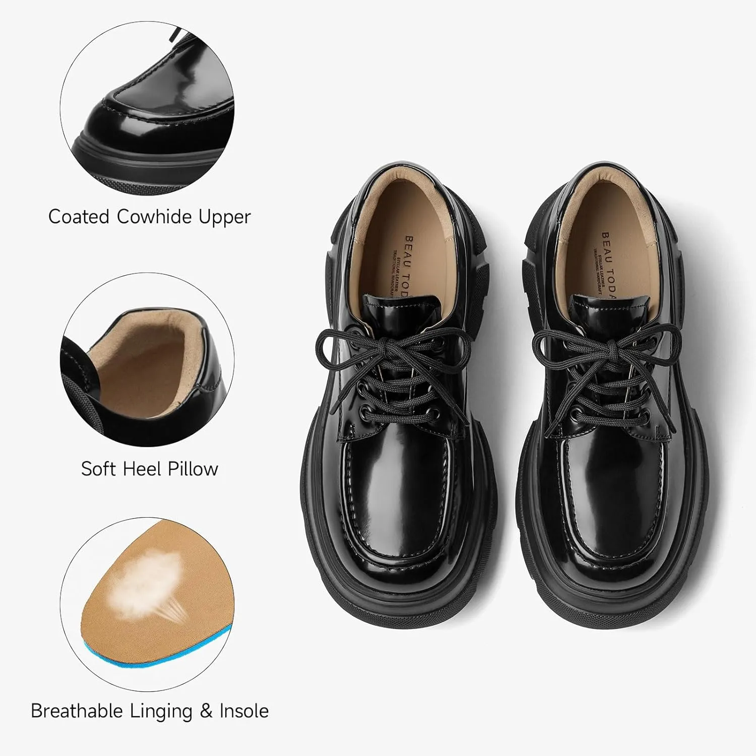 BEAU TODAY Women's Platform Oxfords, Chunky Work Oxford Shoes for Women, Business Casual Leather Shoes Women, Comfortable Non-Slip Round Toe Dressy Shoes