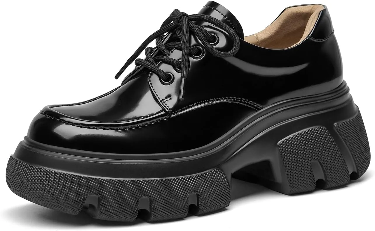 BEAU TODAY Women's Platform Oxfords, Chunky Work Oxford Shoes for Women, Business Casual Leather Shoes Women, Comfortable Non-Slip Round Toe Dressy Shoes