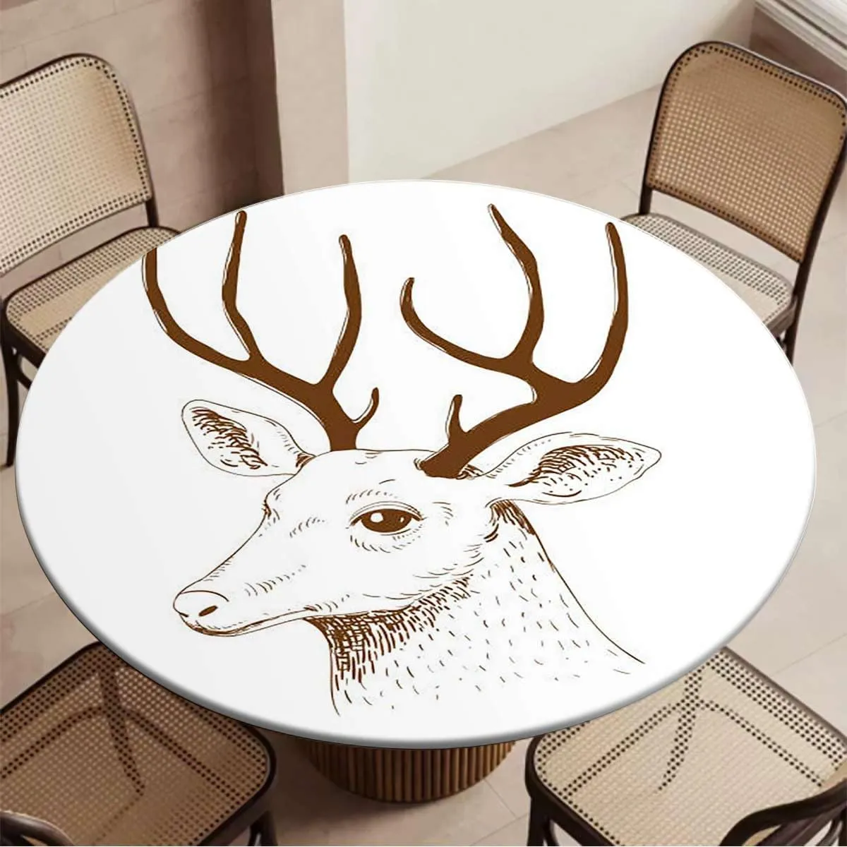 Black White Tablecloth -Fitted with Elastic Flowers Leaves and Dream Art Waterproof Oil Proof Table ​Cover for Indoor and Outdoor Sketch of Deer Fit for 44"-47" Table