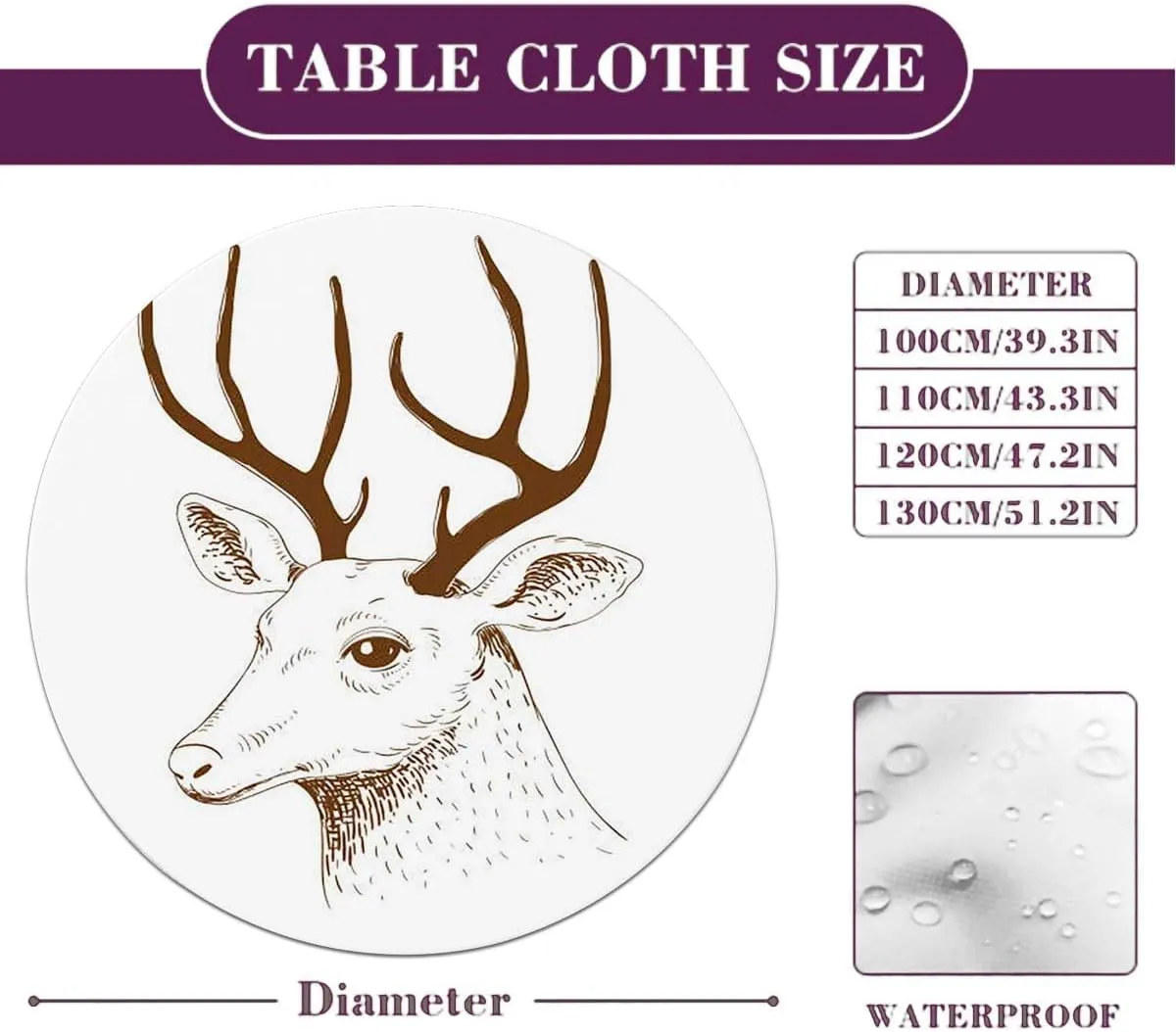 Black White Tablecloth -Fitted with Elastic Flowers Leaves and Dream Art Waterproof Oil Proof Table ​Cover for Indoor and Outdoor Sketch of Deer Fit for 44"-47" Table