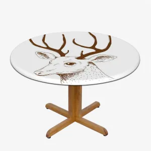 Black White Tablecloth -Fitted with Elastic Flowers Leaves and Dream Art Waterproof Oil Proof Table ​Cover for Indoor and Outdoor Sketch of Deer Fit for 44"-47" Table