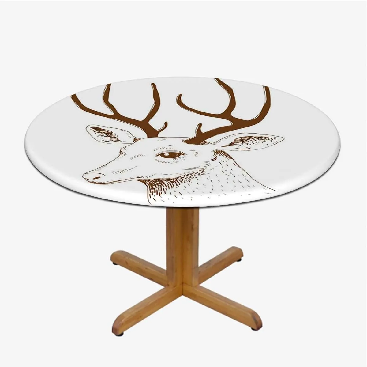 Black White Tablecloth -Fitted with Elastic Flowers Leaves and Dream Art Waterproof Oil Proof Table ​Cover for Indoor and Outdoor Sketch of Deer Fit for 44"-47" Table