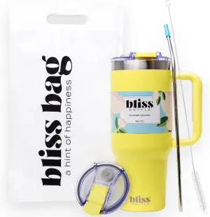 BLISS Bottle 40oz Stainless Steel Insulated Tumbler w/Handle, Lid, Straw 2 Silicone Tips, Woven Bag, Spill-Proof, Cup Holder Compatible Travel Mug for Hot Cold Drinks