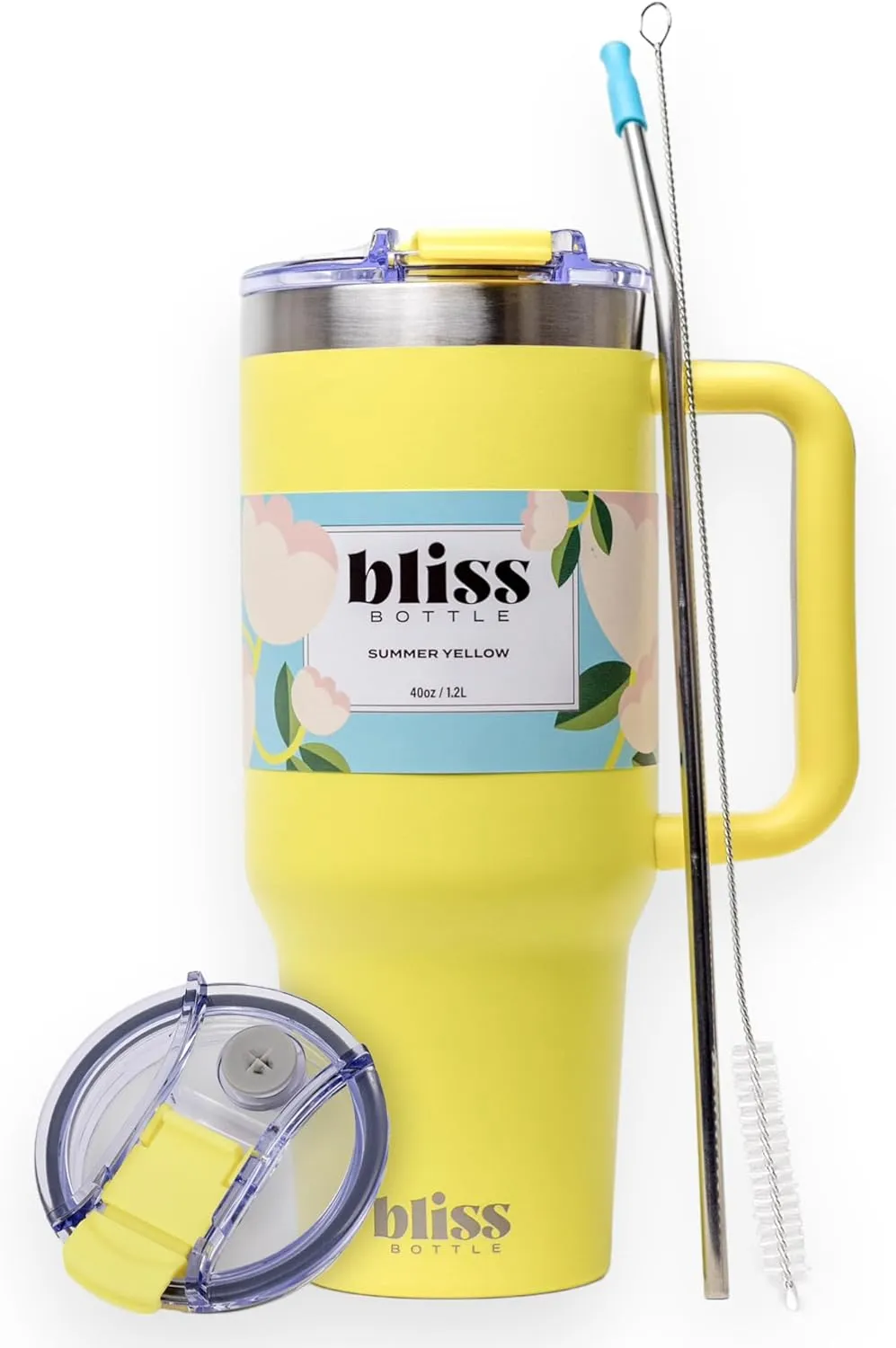BLISS Bottle 40oz Stainless Steel Insulated Tumbler w/Handle, Lid, Straw 2 Silicone Tips, Woven Bag, Spill-Proof, Cup Holder Compatible Travel Mug for Hot Cold Drinks