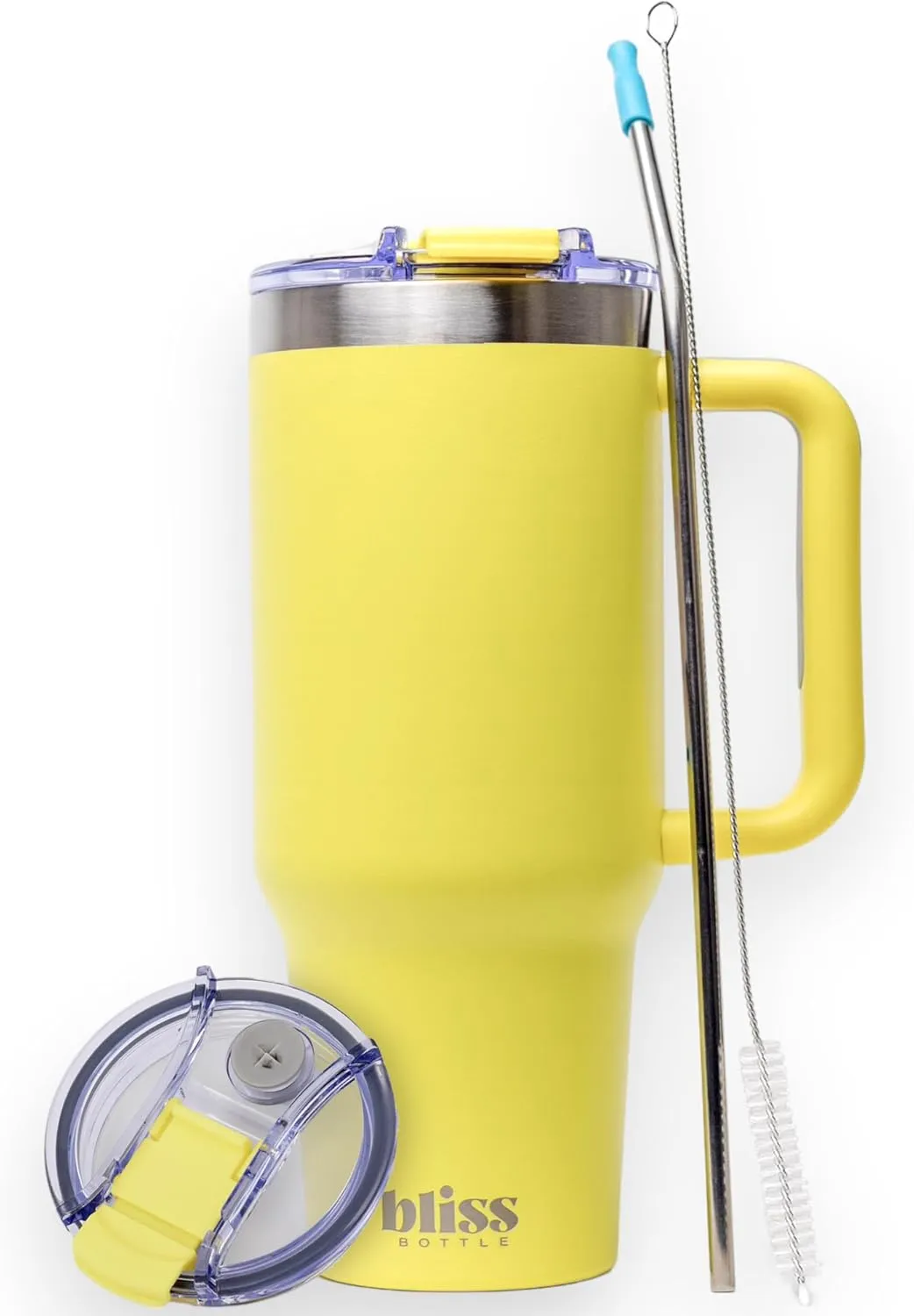 BLISS Bottle 40oz Stainless Steel Insulated Tumbler w/Handle, Lid, Straw 2 Silicone Tips, Woven Bag, Spill-Proof, Cup Holder Compatible Travel Mug for Hot Cold Drinks