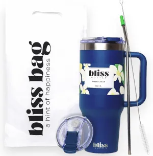 BLISS Bottle 40oz -Stainless Steel Insulated Tumbler w/Handle, Locking Lid, Straw, 2 Silicone Tips, Woven Bag, Spill-Proof, Cup Holder Compatible Travel Mug for Hot/Cold Drinks