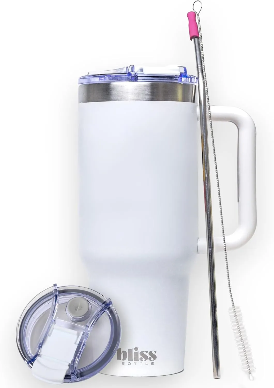 BLISS Bottle 40oz -Stainless Steel Insulated Tumbler w/Handle, Locking Lid, Straw, 2 Silicone Tips, Woven Bag, Spill-Proof, Cup Holder Compatible Travel Mug for Hot/Cold Drinks