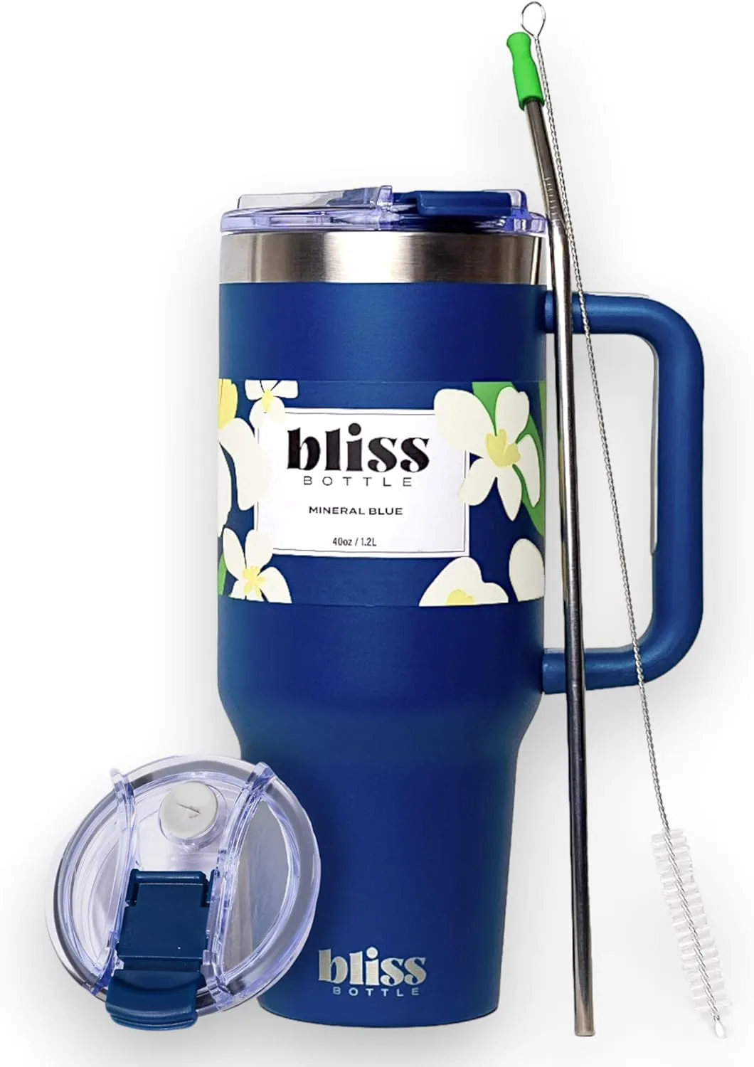 BLISS Bottle 40oz -Stainless Steel Insulated Tumbler w/Handle, Locking Lid, Straw, 2 Silicone Tips, Woven Bag, Spill-Proof, Cup Holder Compatible Travel Mug for Hot/Cold Drinks