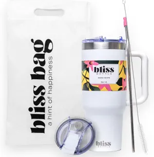 BLISS Bottle 40oz -Stainless Steel Insulated Tumbler w/Handle, Locking Lid, Straw, 2 Silicone Tips, Woven Bag, Spill-Proof, Cup Holder Compatible Travel Mug for Hot/Cold Drinks