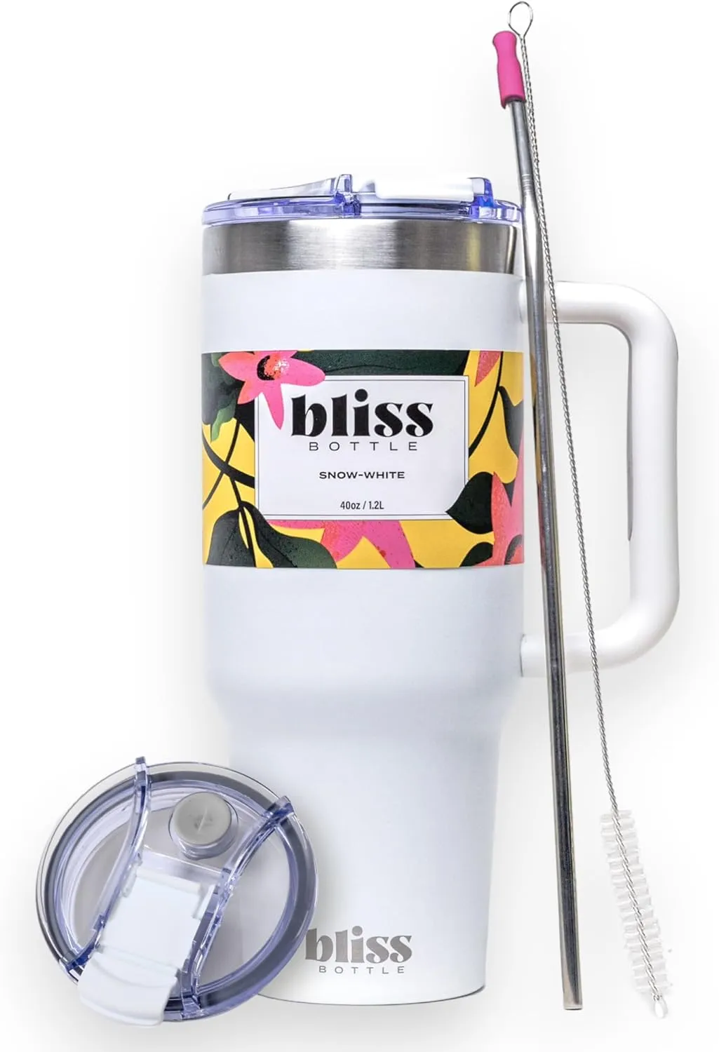 BLISS Bottle 40oz -Stainless Steel Insulated Tumbler w/Handle, Locking Lid, Straw, 2 Silicone Tips, Woven Bag, Spill-Proof, Cup Holder Compatible Travel Mug for Hot/Cold Drinks