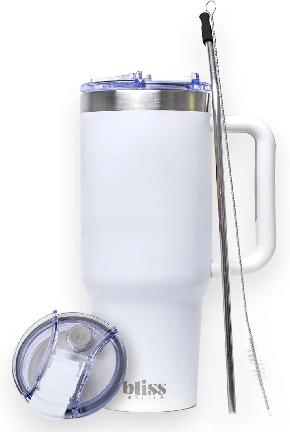 BLISS Bottle 40oz -Stainless Steel Insulated Tumbler w/Handle, Locking Lid, Straw, 2 Silicone Tips, Woven Bag, Spill-Proof, Cup Holder Compatible Travel Mug for Hot/Cold Drinks