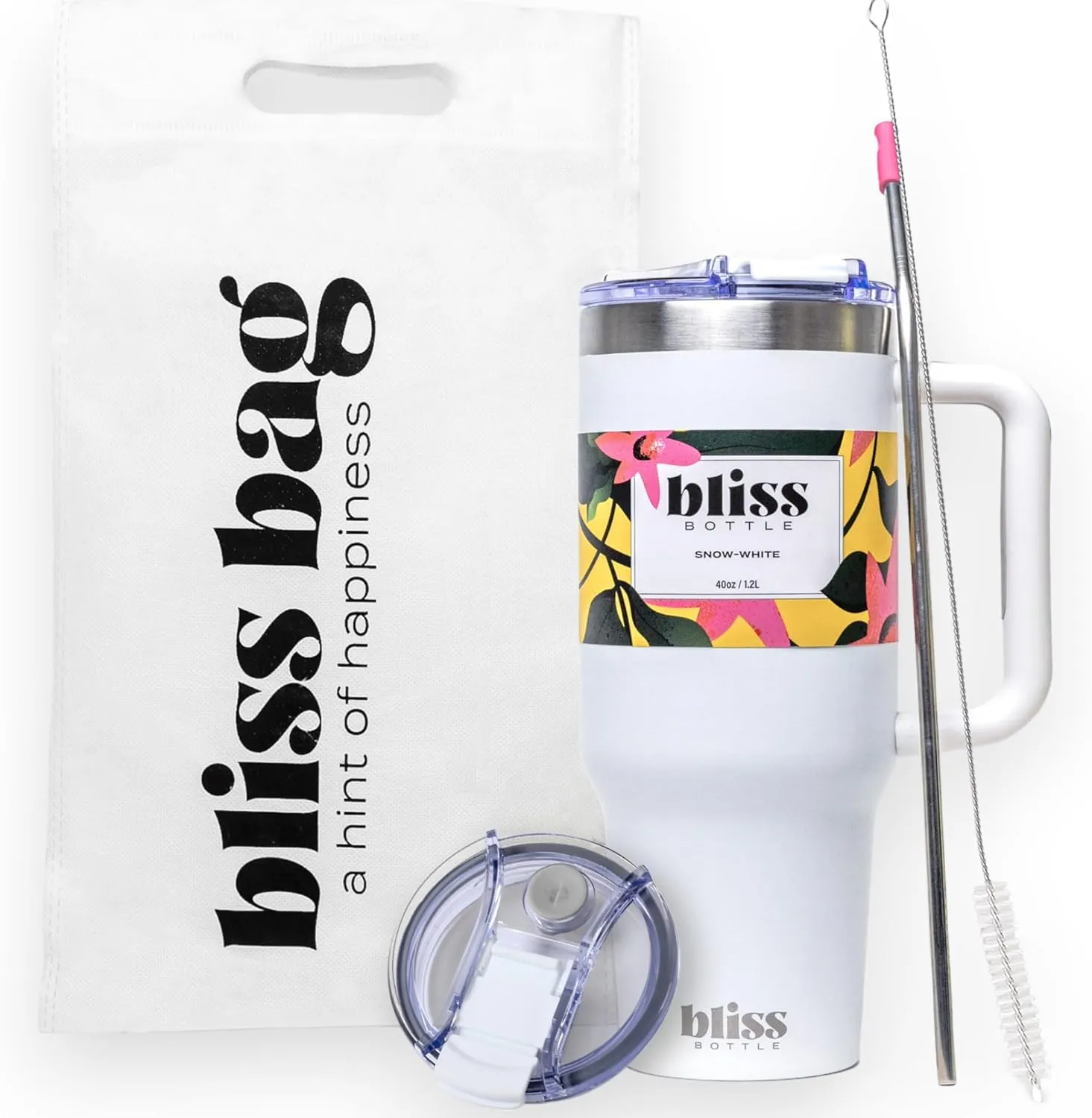 BLISS Bottle 40oz -Stainless Steel Insulated Tumbler w/Handle, Locking Lid, Straw, 2 Silicone Tips, Woven Bag, Spill-Proof, Cup Holder Compatible Travel Mug for Hot/Cold Drinks