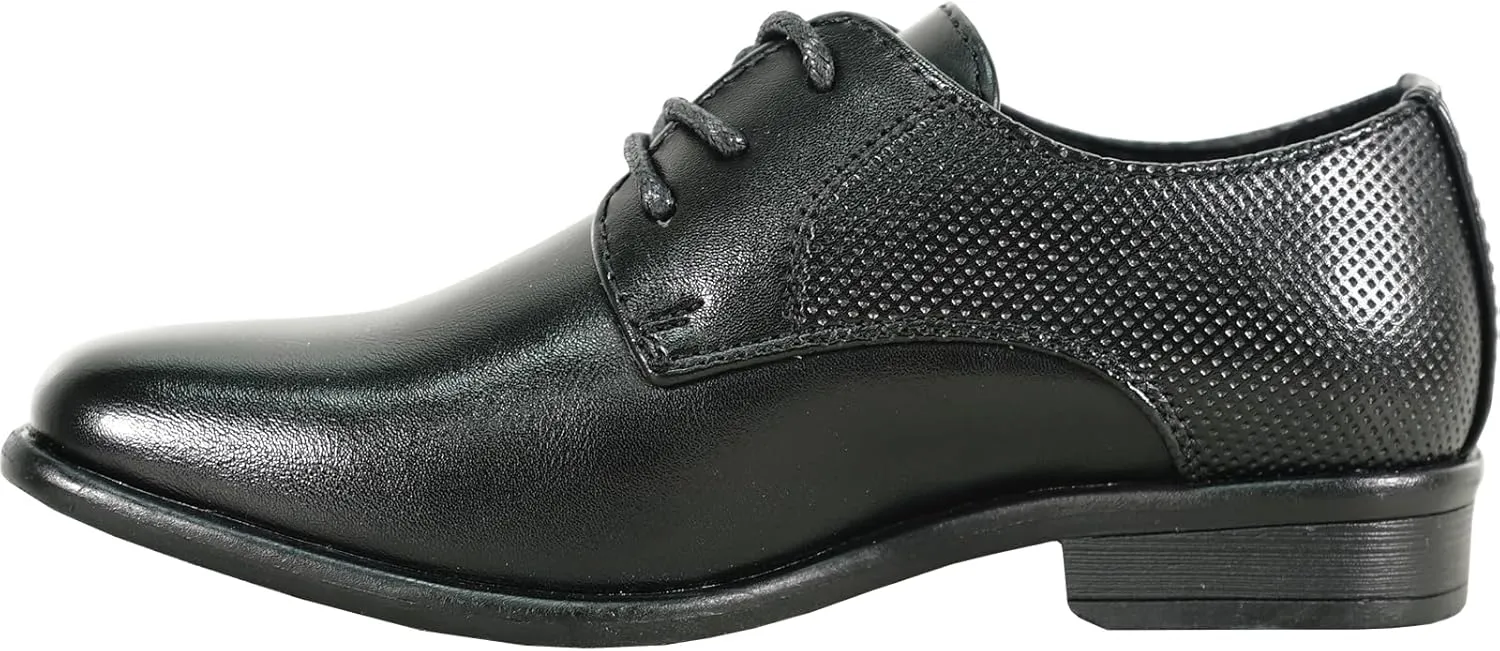 bravo! Boy Dress Shoe King Lace-up Oxford Plain Toe or Cap Toe Leather Sock for School Uniform Formal Event Size from Toddler to Youth Black Brown Cognac