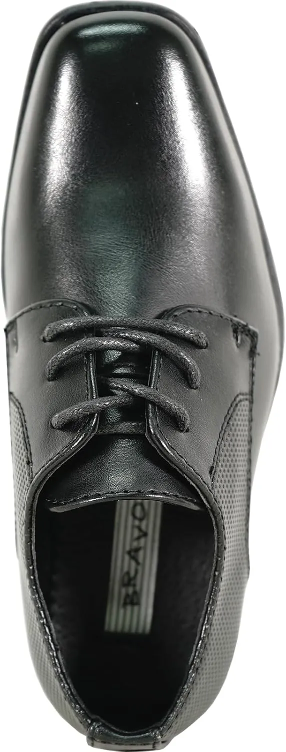 bravo! Boy Dress Shoe King Lace-up Oxford Plain Toe or Cap Toe Leather Sock for School Uniform Formal Event Size from Toddler to Youth Black Brown Cognac