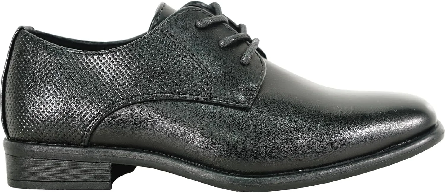 bravo! Boy Dress Shoe King Lace-up Oxford Plain Toe or Cap Toe Leather Sock for School Uniform Formal Event Size from Toddler to Youth Black Brown Cognac