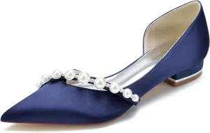 Bridal Shoes for The Bride Flats Satin Pearl Pointed Toe Closed Toe Low Heels Dress Shoes Wedding Sandals for Bridesmaids