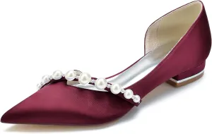 Bridal Shoes for The Bride Flats Satin Pearl Pointed Toe Closed Toe Low Heels Dress Shoes Wedding Sandals for Bridesmaids