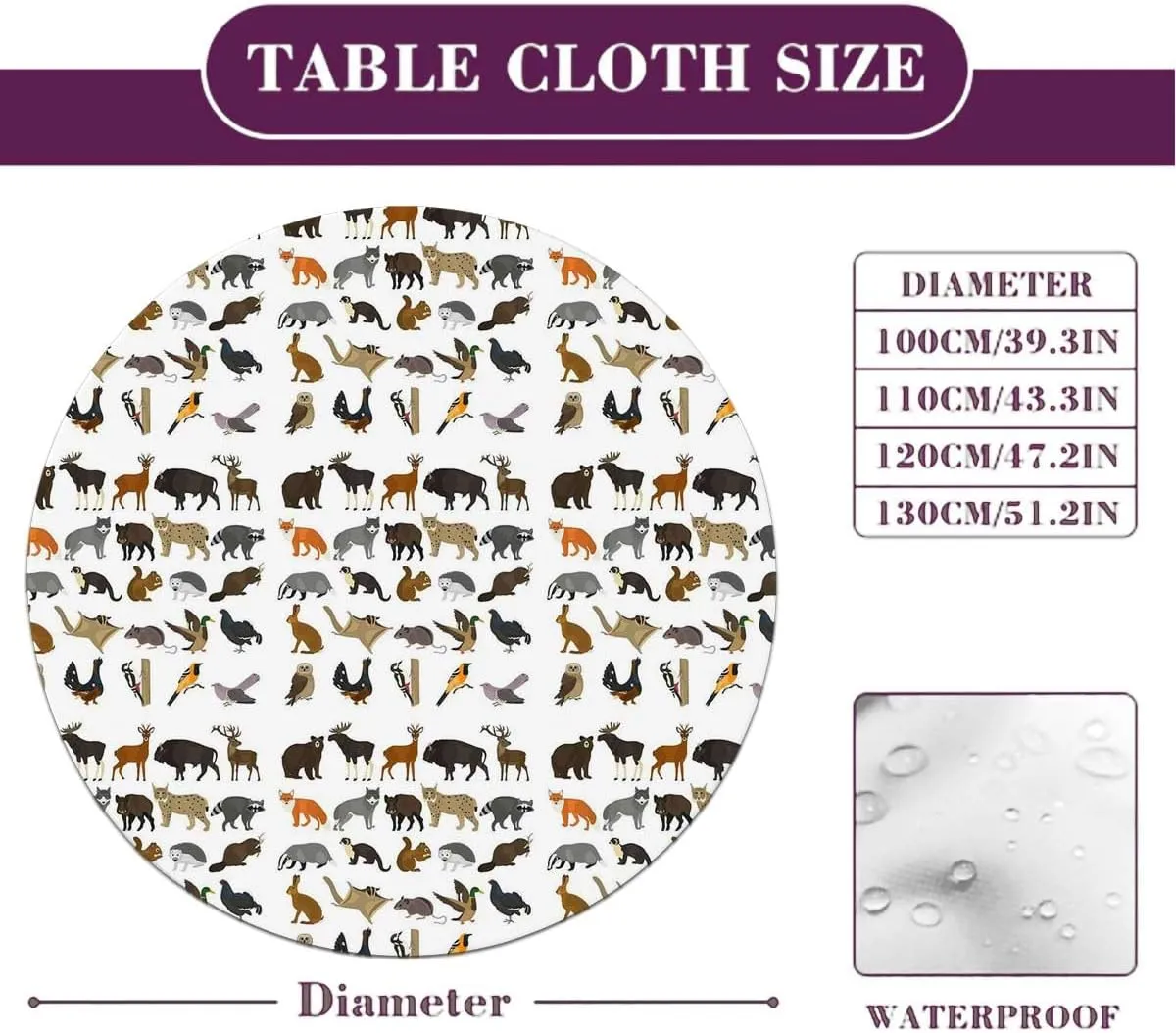 Brown White Elastic Fitted Round Tablecloths Cartoon Multi Animals Nature with Elastic Edge Polyester Waterproof Spill Proof Table Cover Fit for 36"-39" Diameter Table Animal