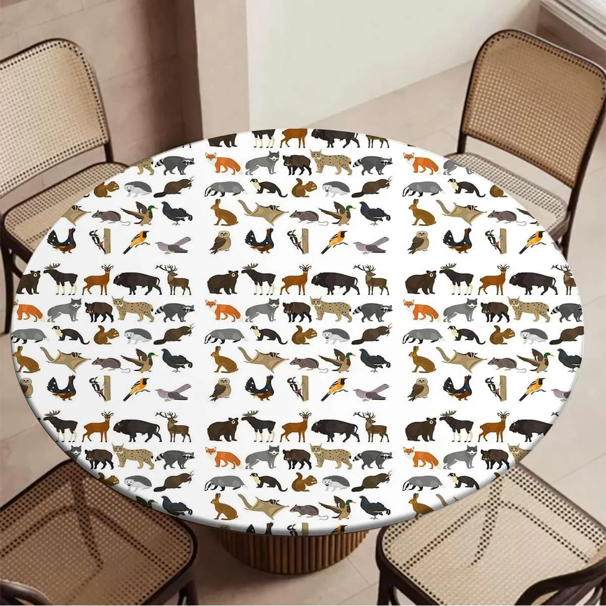 Brown White Elastic Fitted Round Tablecloths Cartoon Multi Animals Nature with Elastic Edge Polyester Waterproof Spill Proof Table Cover Fit for 36"-39" Diameter Table Animal